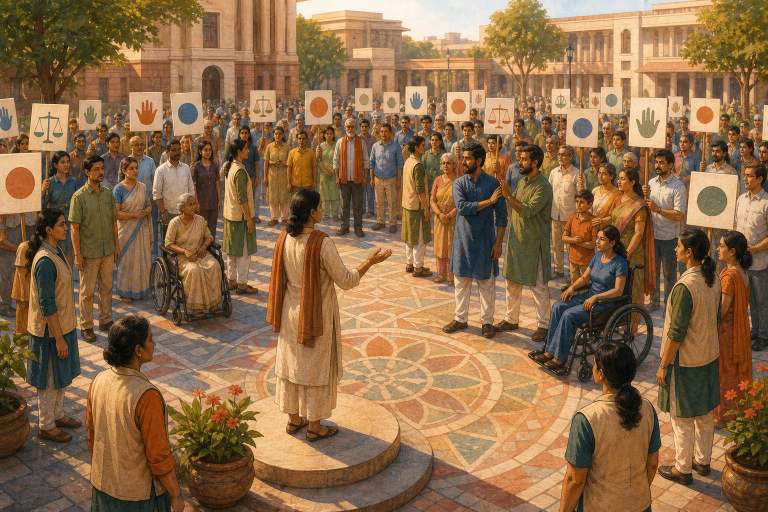 An orderly, diverse crowd holds symbol-only placards in a civic square while volunteer stewards maintain a clear corridor and calm an agitated participant.