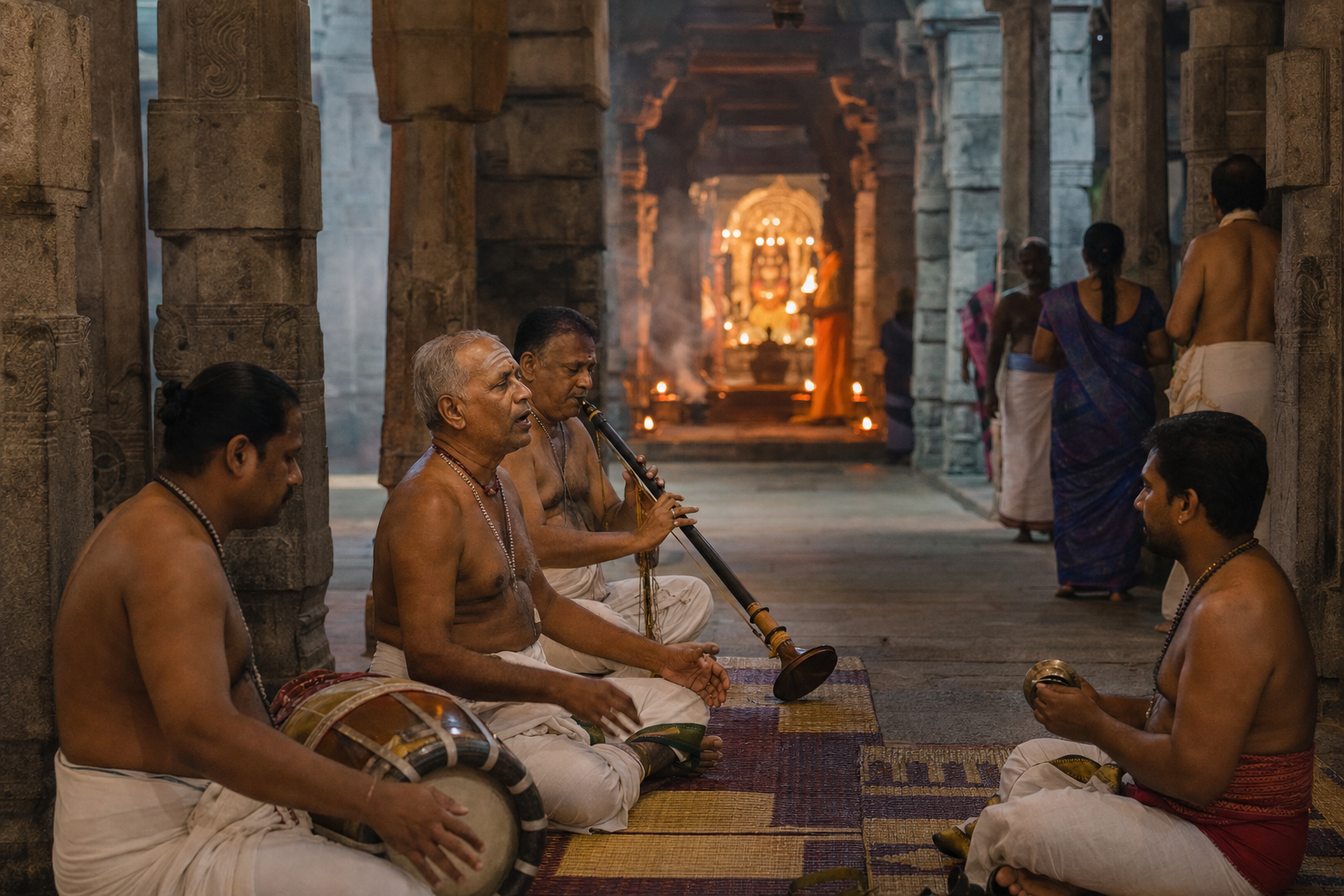Traditional musicians perform on mats in a stone temple mandapa while devotees face a lamp-lit sanctum threshold.