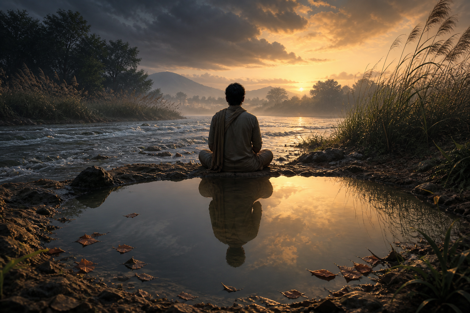 A seated figure remains still beside a flowing river as leaves, reeds, clouds, and changing light move around a clear reflection.