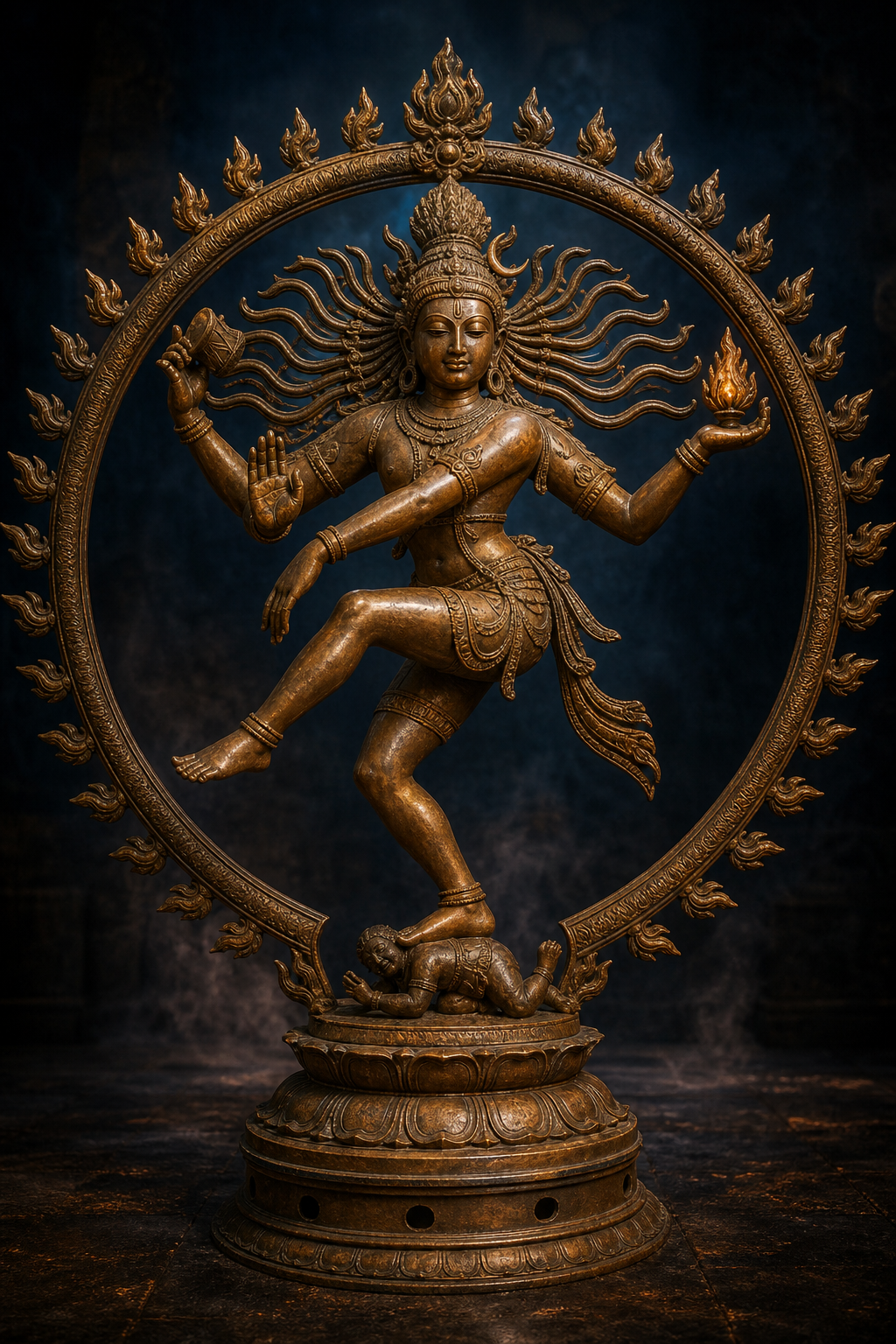 Bronze-inspired figure of Shiva as Nataraja dancing with four arms inside a ring of flames, one foot over Apasmara and the other raised.