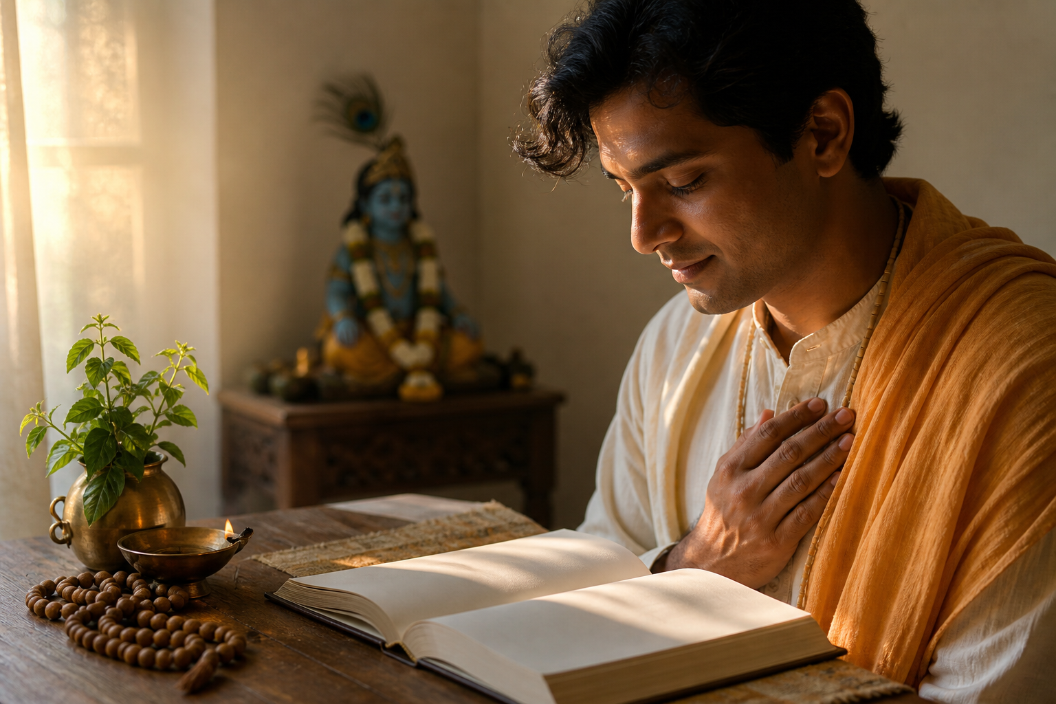A devotee pauses beside an open book at a wooden table, with prayer beads and a small Krishna altar illuminated by morning light.