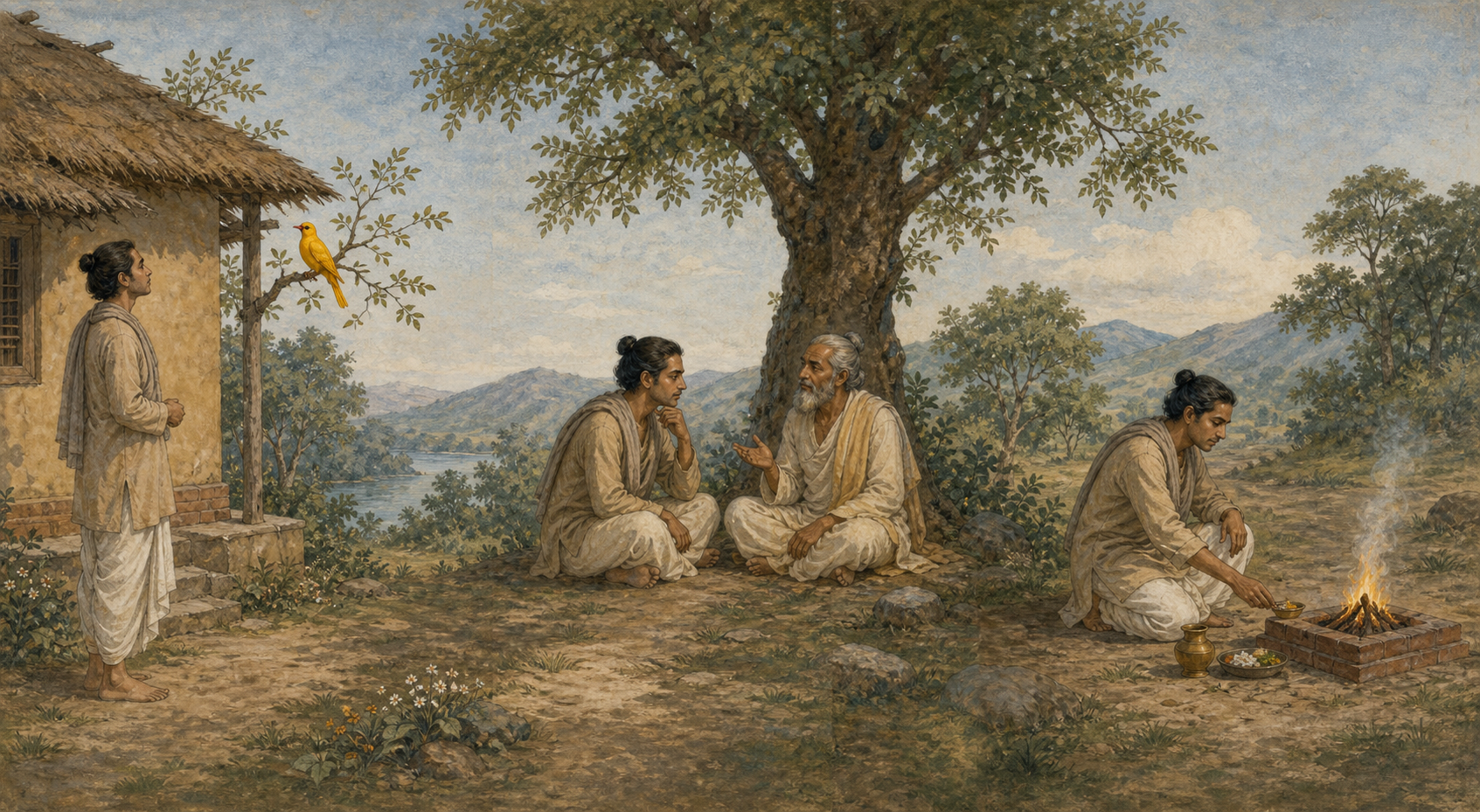 Three separated scenes show a person observing an unusual bird, consulting an elder, and making a measured fire offering.