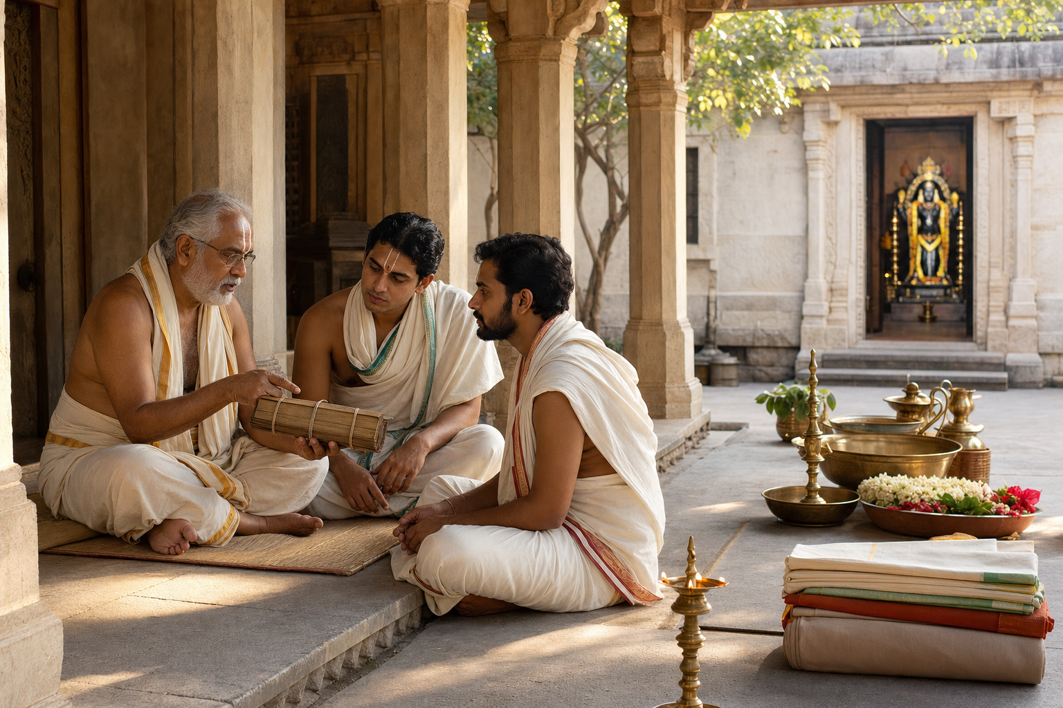A scholar and two students sit with a closed palm-leaf manuscript in a Vaishnava temple courtyard near ritual vessels and a Vishnu shrine.
