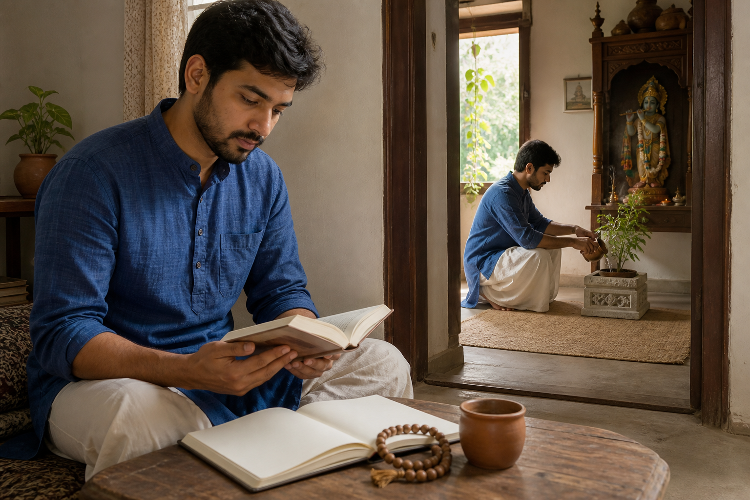 A devotee reads at a table, reflects beside a blank journal and prayer beads, and later waters a tulsi plant near a home shrine.