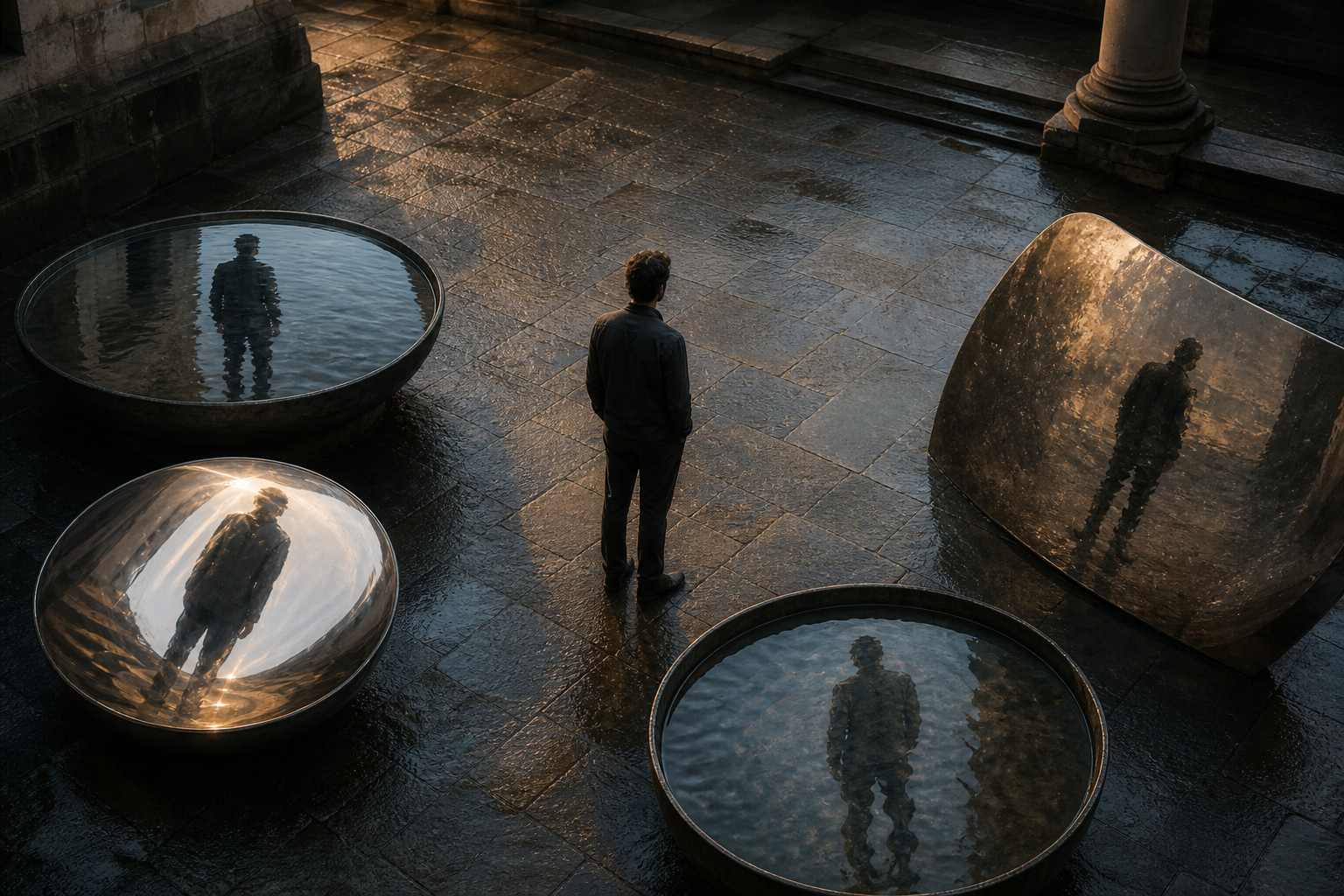 A person stands in a stone courtyard while water and polished surfaces show distorted reflections under passing clouds.