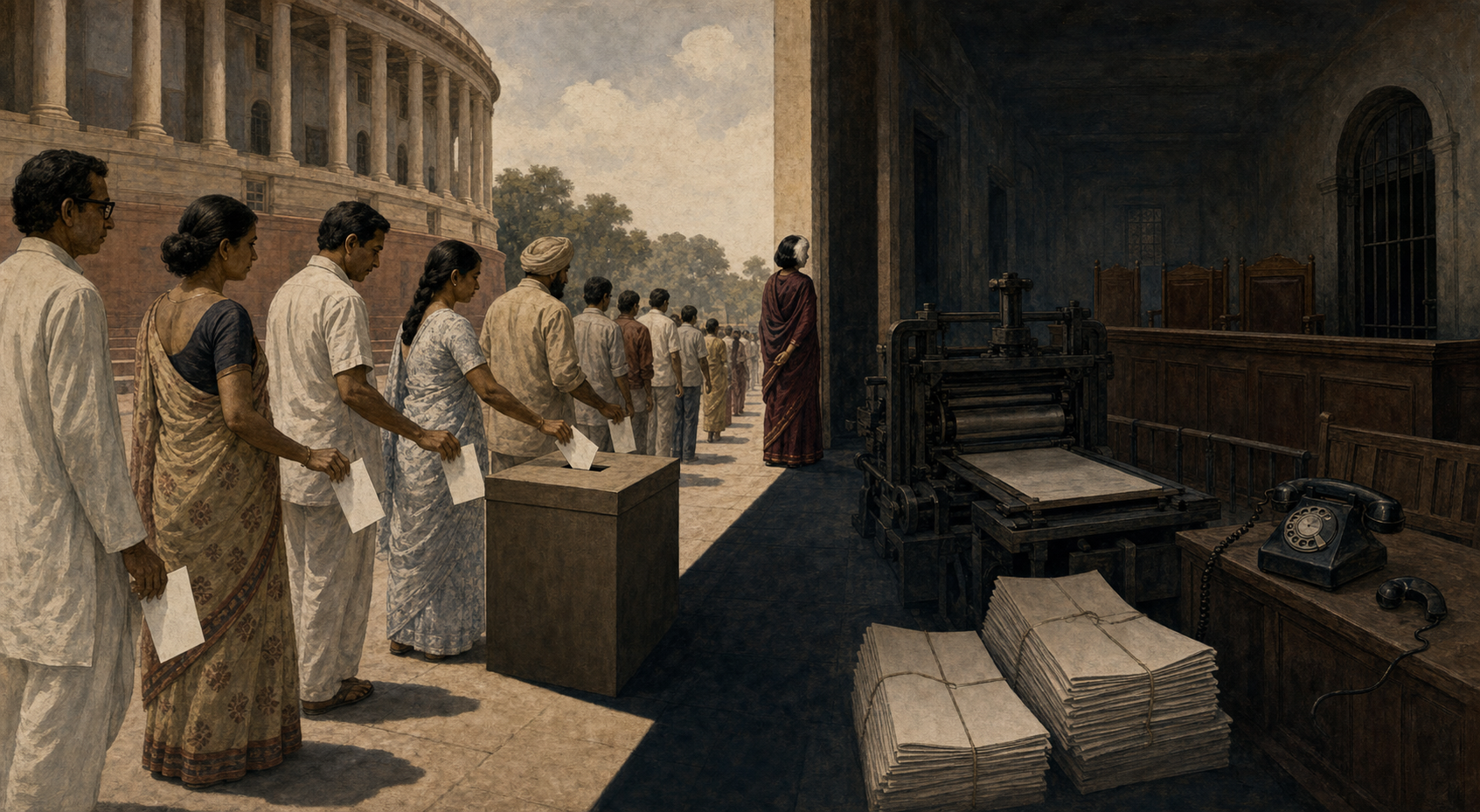 Citizens cast ballots in daylight while the ballot box projects a dark shadow containing a silent press, blank newspapers, an empty court bench and a barred doorway.