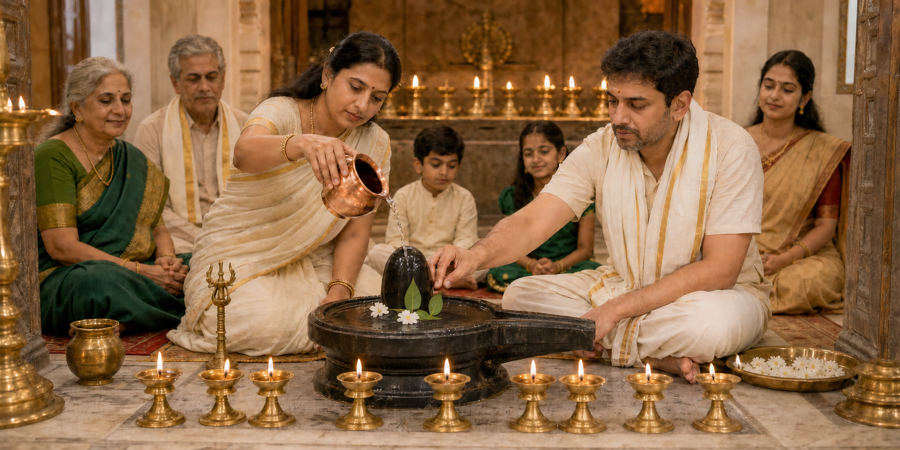 A multigenerational family offers water, bilva leaves, flowers, and lamps at a Shiva lingam shrine.