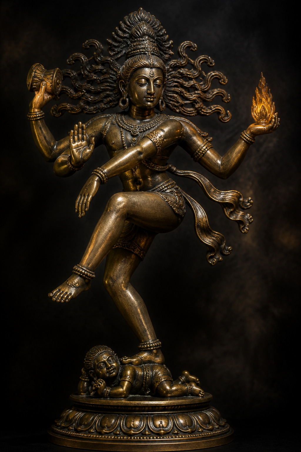 Close view of Nataraja's four hands and two feet, including the drum, flame, reassuring palm, pointing hand, raised foot, and foot over Apasmara.