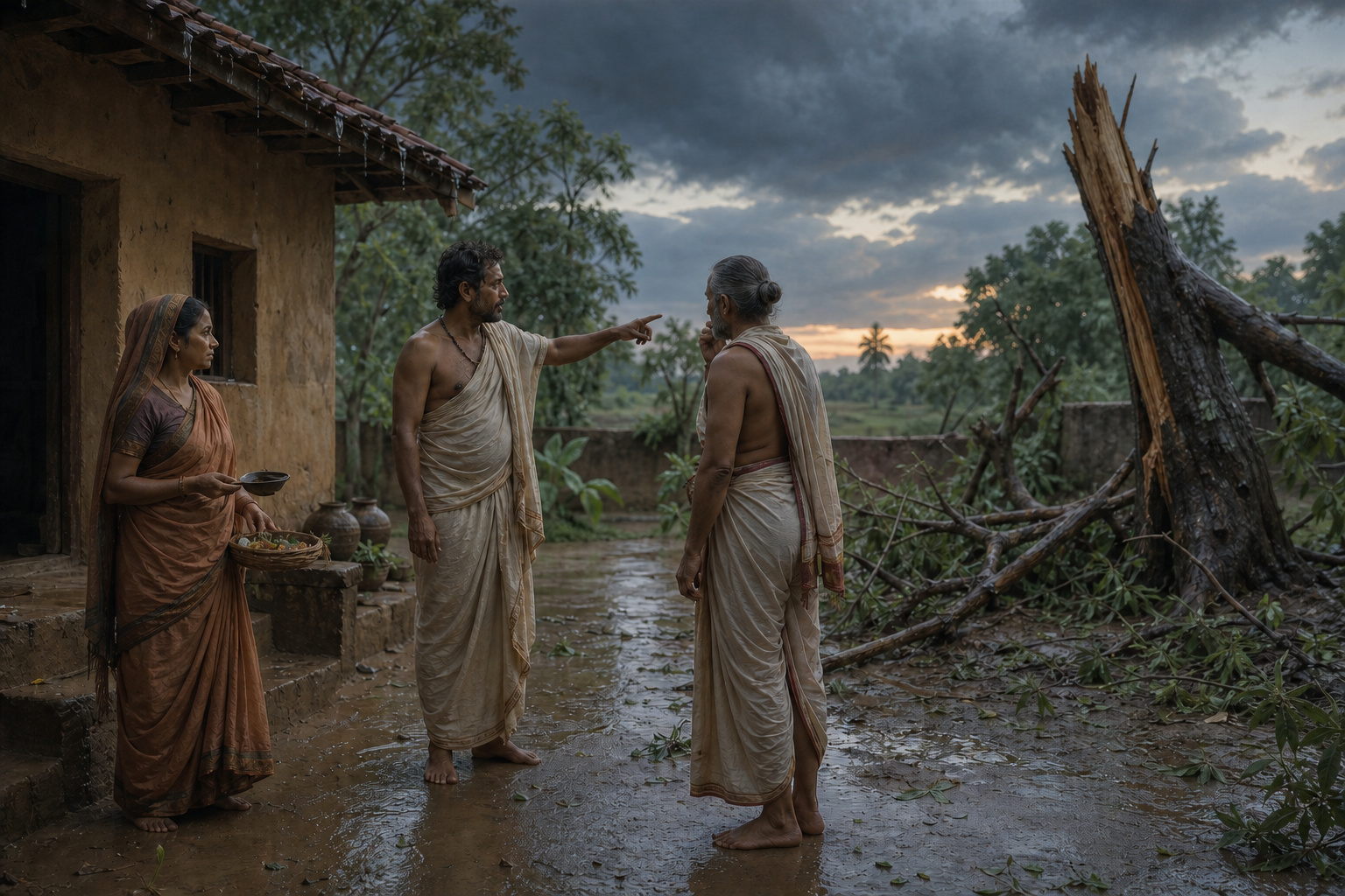 A householder shows a storm-damaged tree to a ritual adviser while a family member waits nearby with simple offerings.