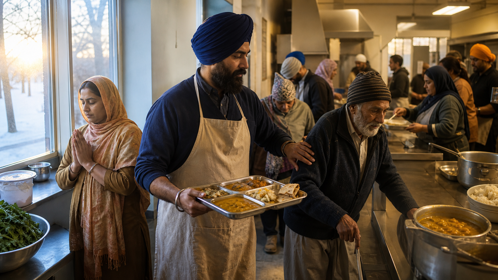 A Sikh volunteer in a blue dastaar pauses beside a window before carrying a tray of food through a busy community relief kitchen and steadying an older guest.