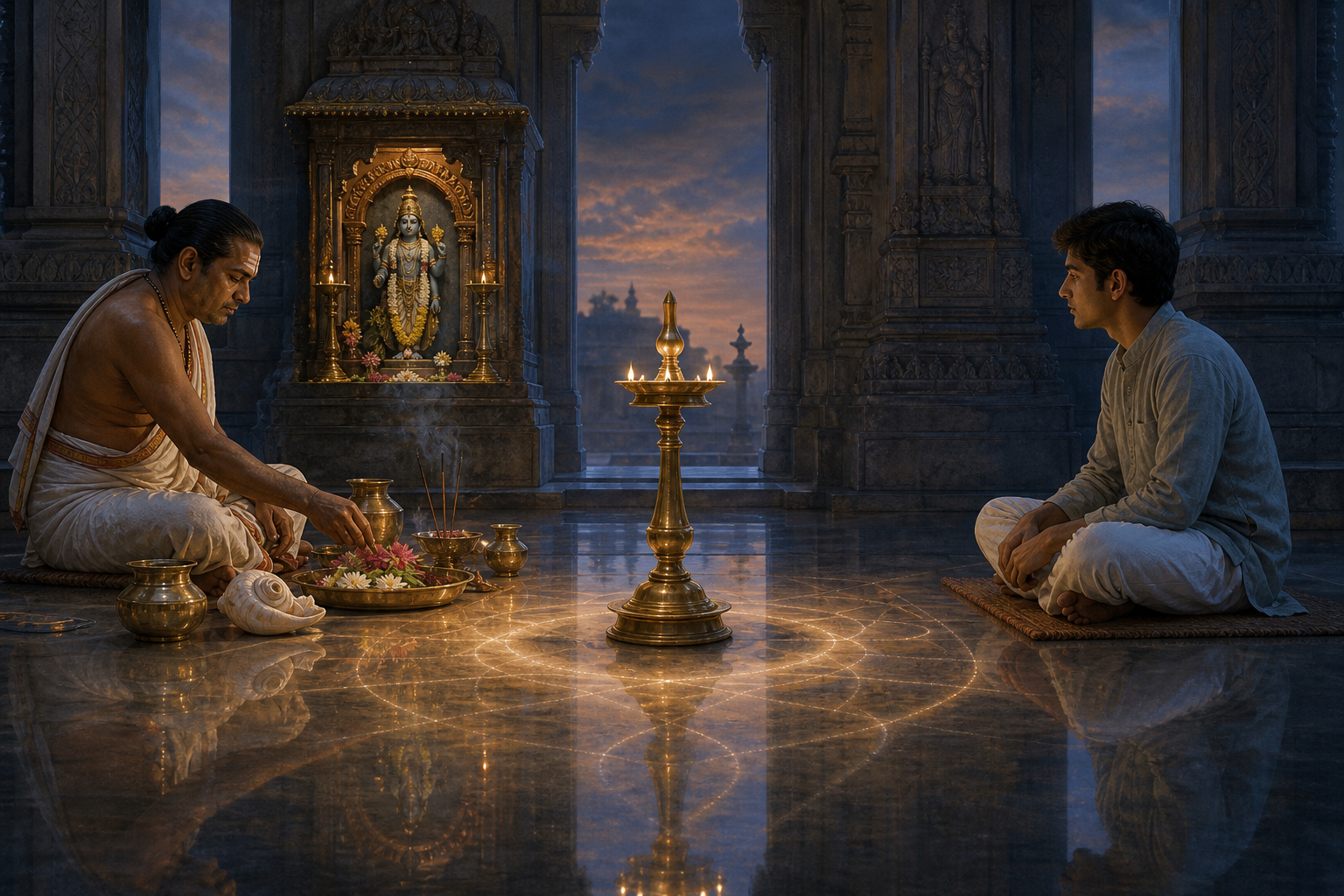 A priest prepares offerings before a Vishnu shrine while a seated student reflects nearby, with a central oil lamp illuminating both figures.