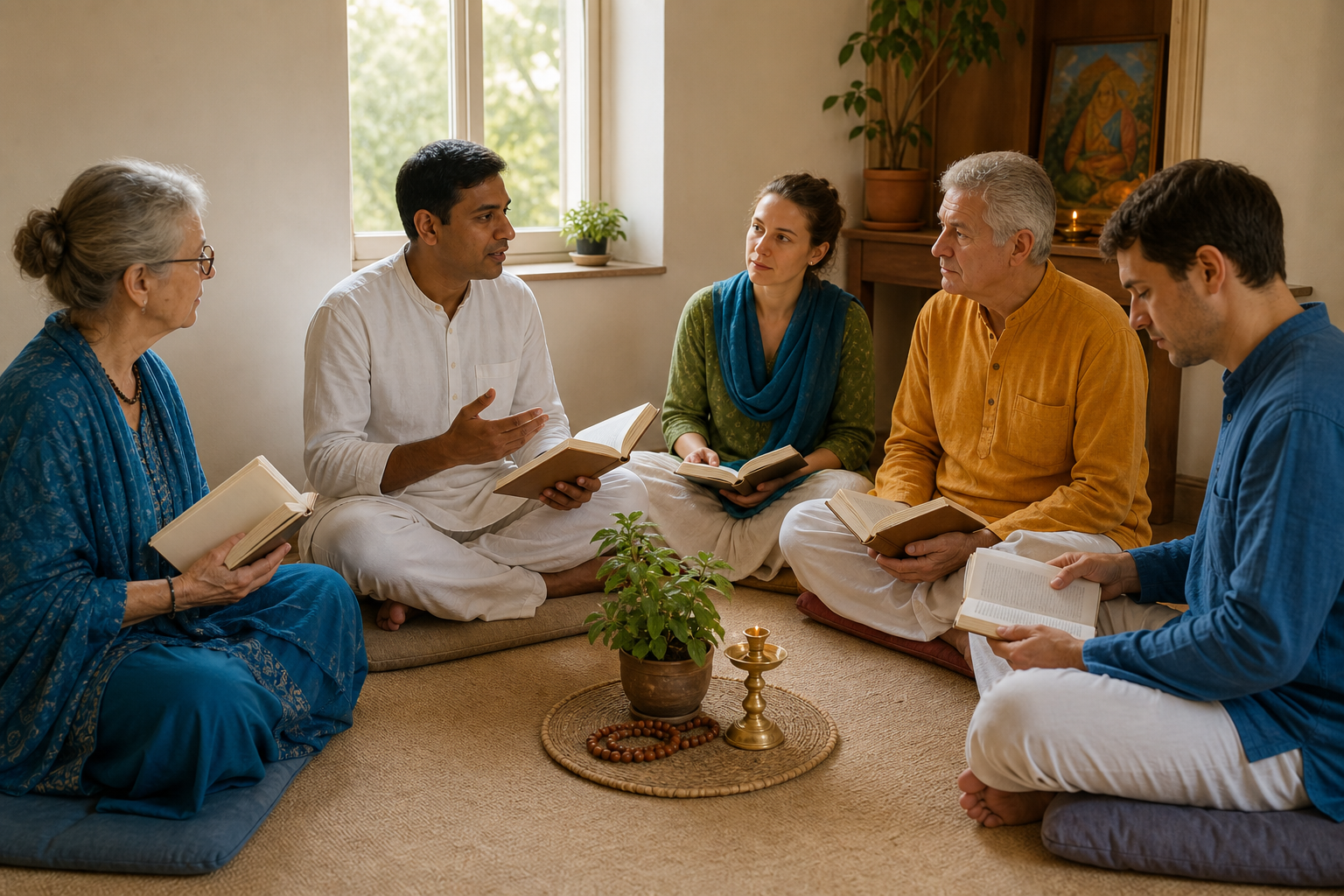 Five adults discuss unmarked devotional books in a circle while one participant looks back at an open page.
