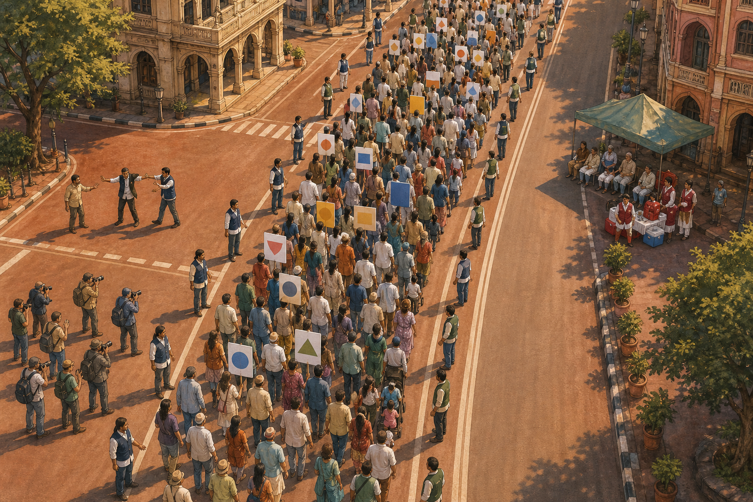 An overhead view of a peaceful city march shows stewarded buffer zones, a first-aid point, photographers, families and a clear emergency route.