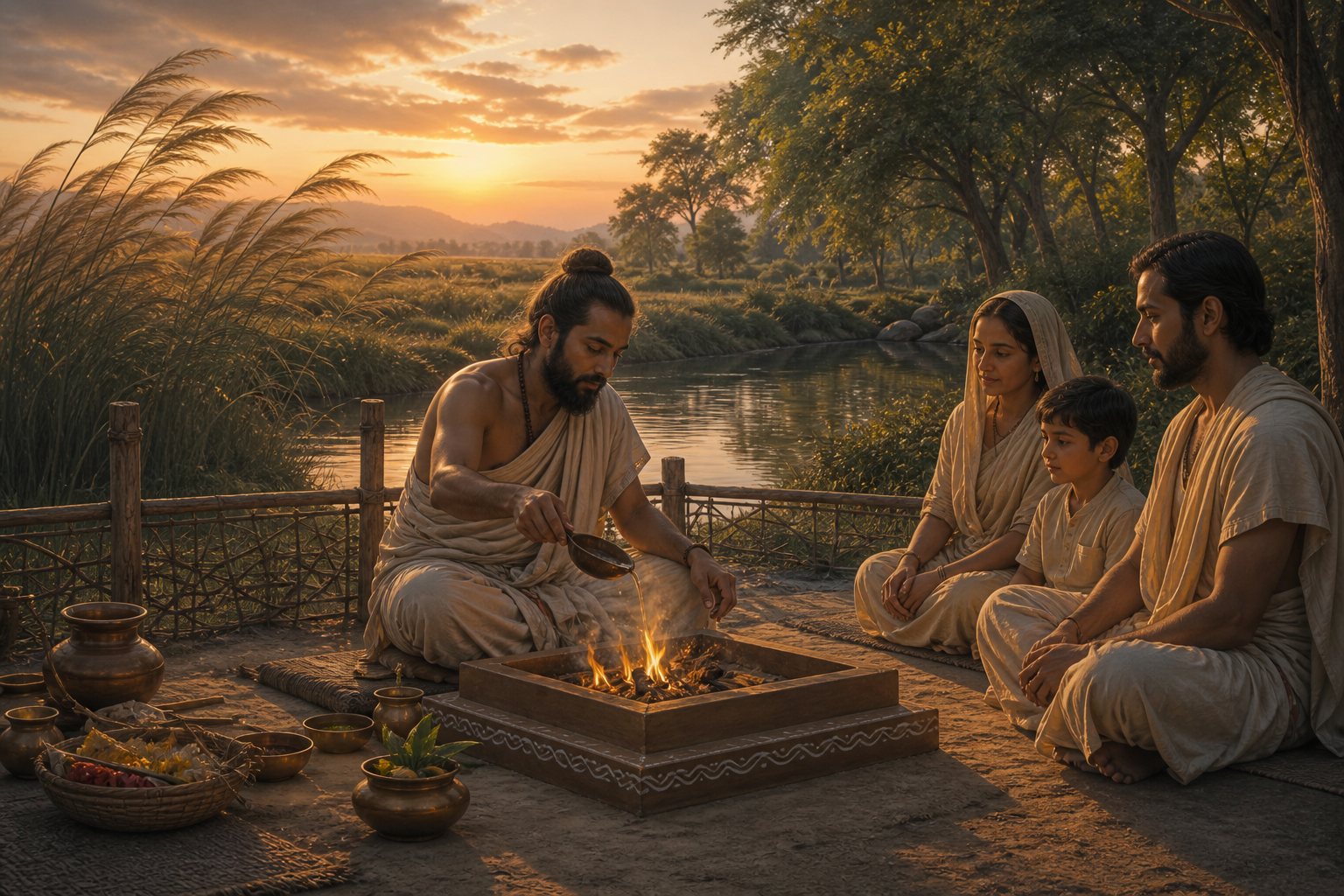 A ritual specialist makes a small offering into a contained fire as a household sits calmly in the surrounding enclosure.