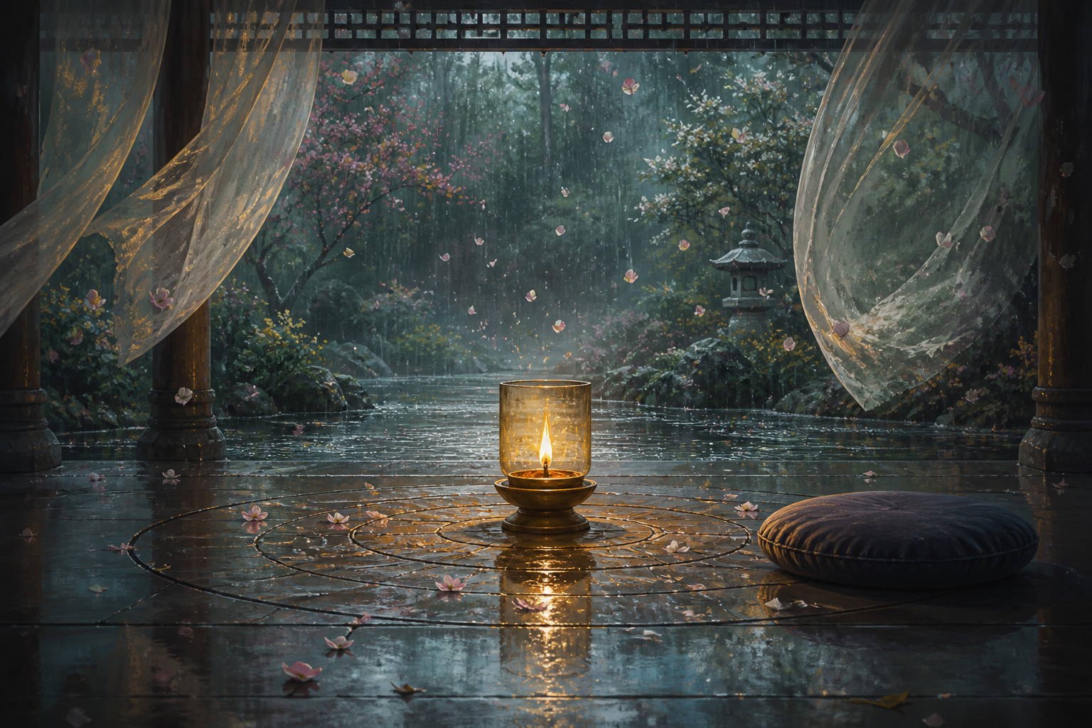 A sheltered oil lamp burns steadily in an open pavilion as curtains, rain, petals, and reflections move around it.