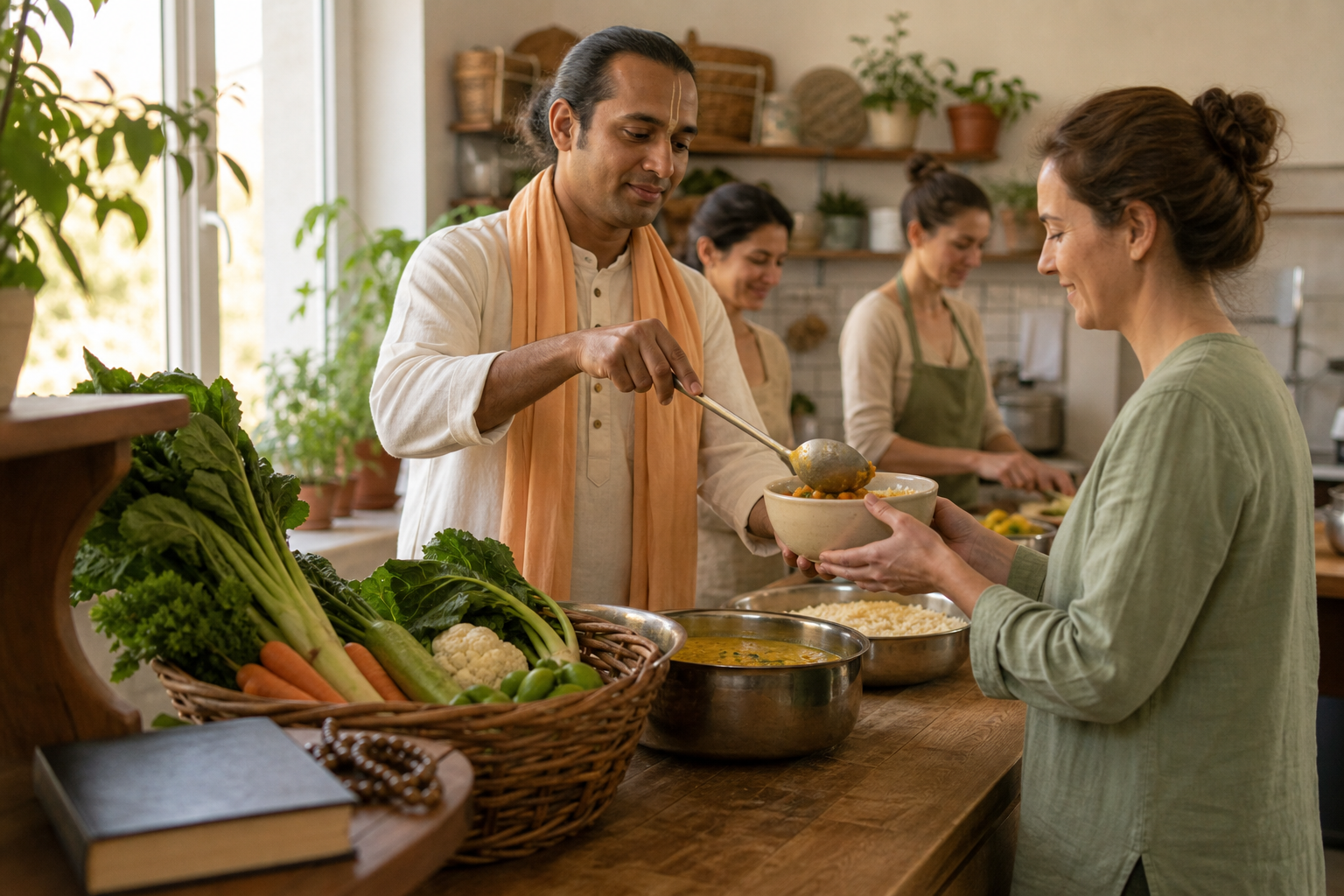 A devotee calmly portions vegetarian food into reusable bowls with another volunteer in a community kitchen.