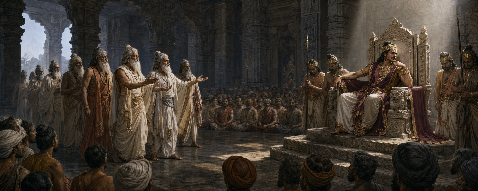 Sages calmly counsel King Vena in an assembly hall and then step away together as the throne becomes isolated from the gathered people.