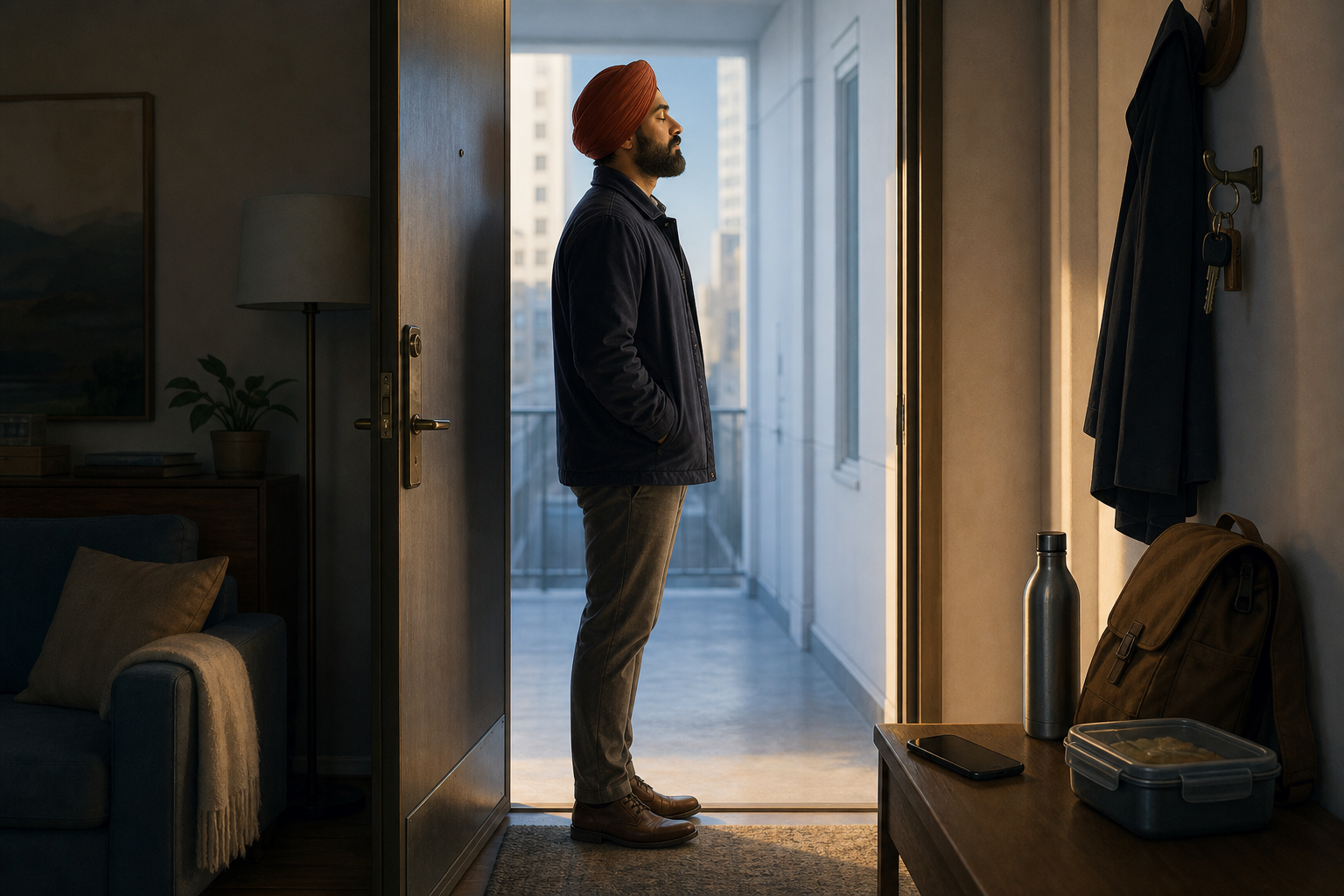 A Sikh professional wearing a rust-colored dastaar pauses at an apartment doorway beside a work bag, packed lunch, keys, and a face-down phone.