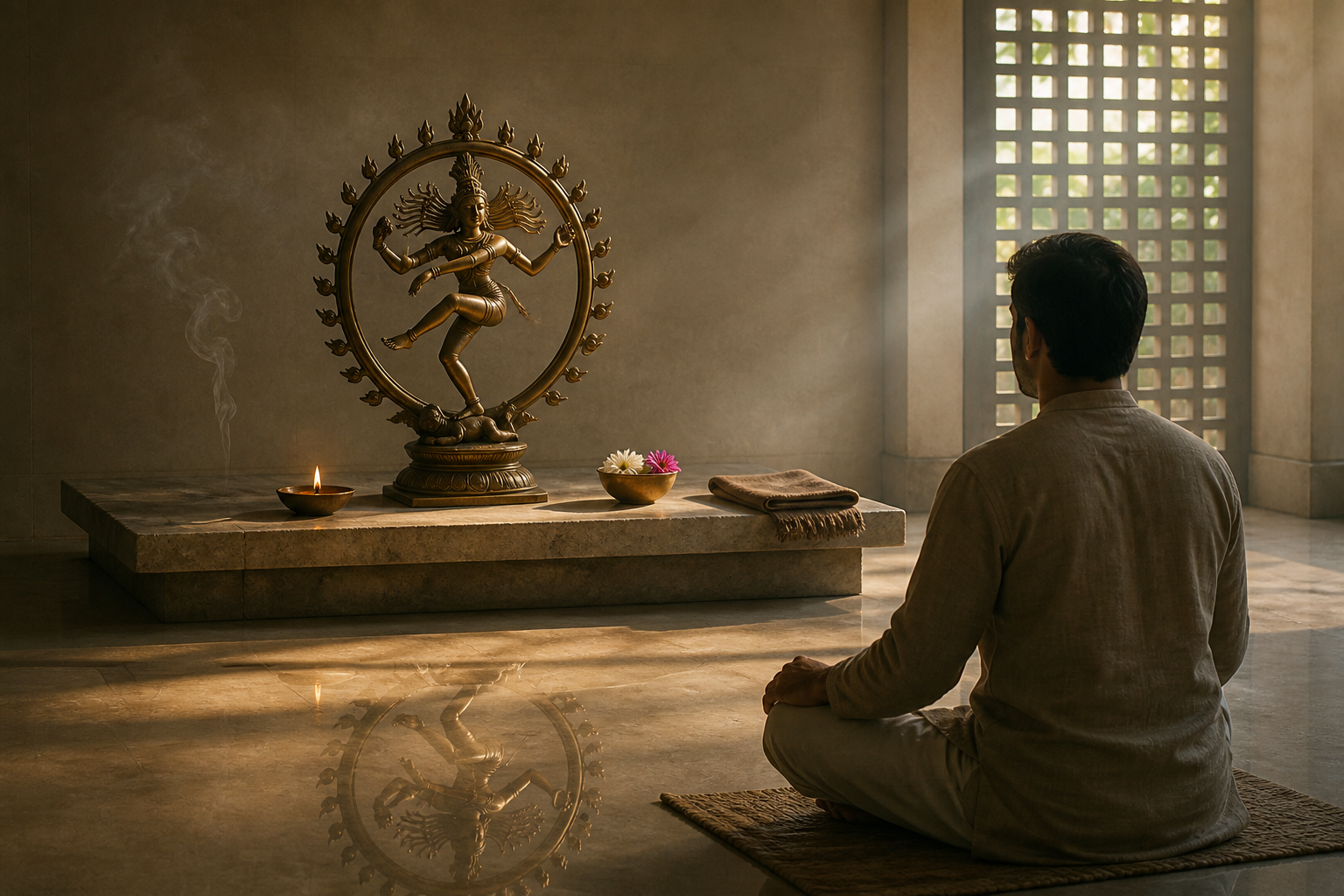A seated devotee quietly contemplates a small Nataraja figure on a stone altar beside an oil lamp and flowers.