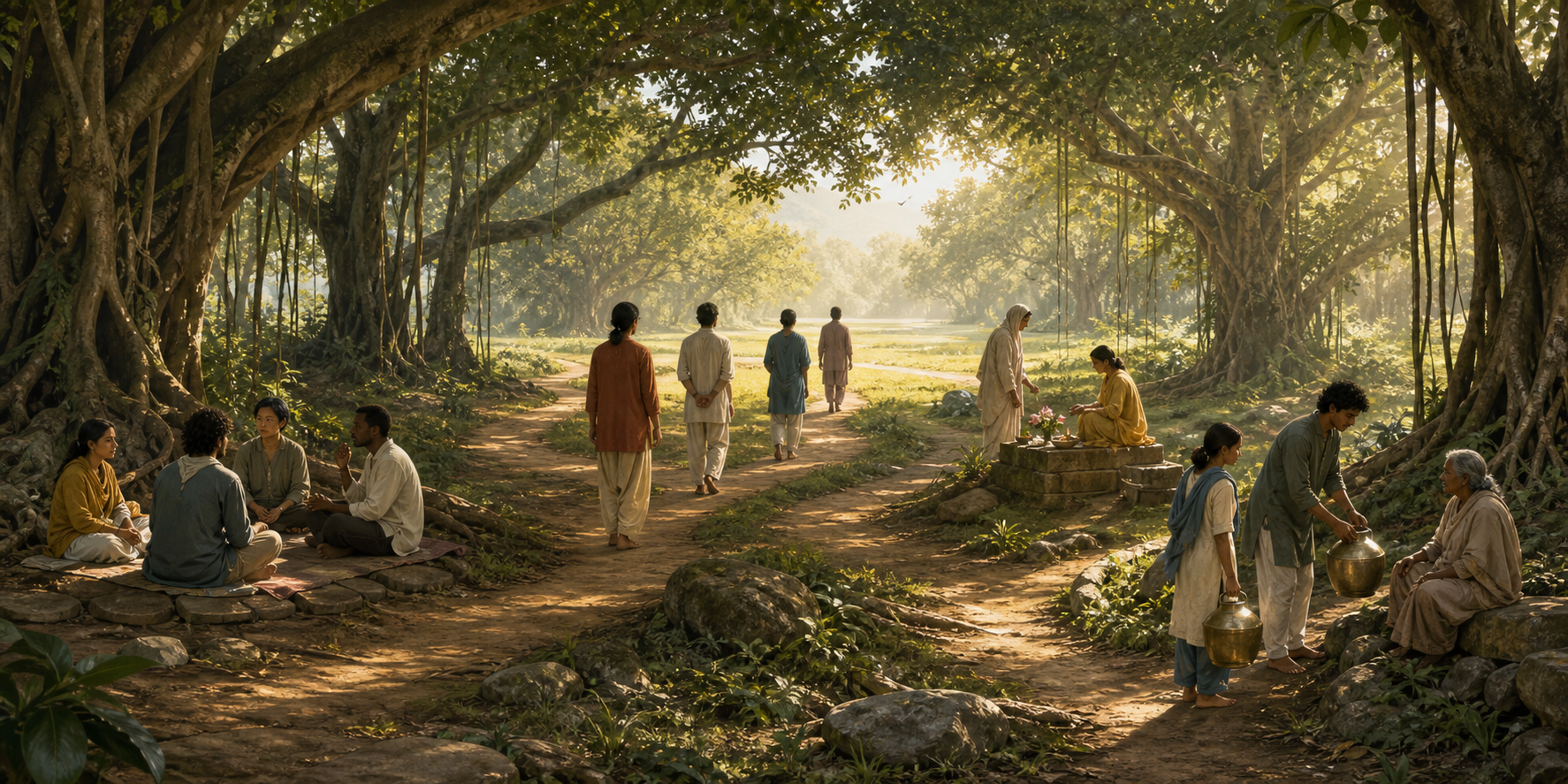 Separate groups meditate, walk, make a simple offering, and carry water beneath a banyan tree along paths leading toward a bright clearing.