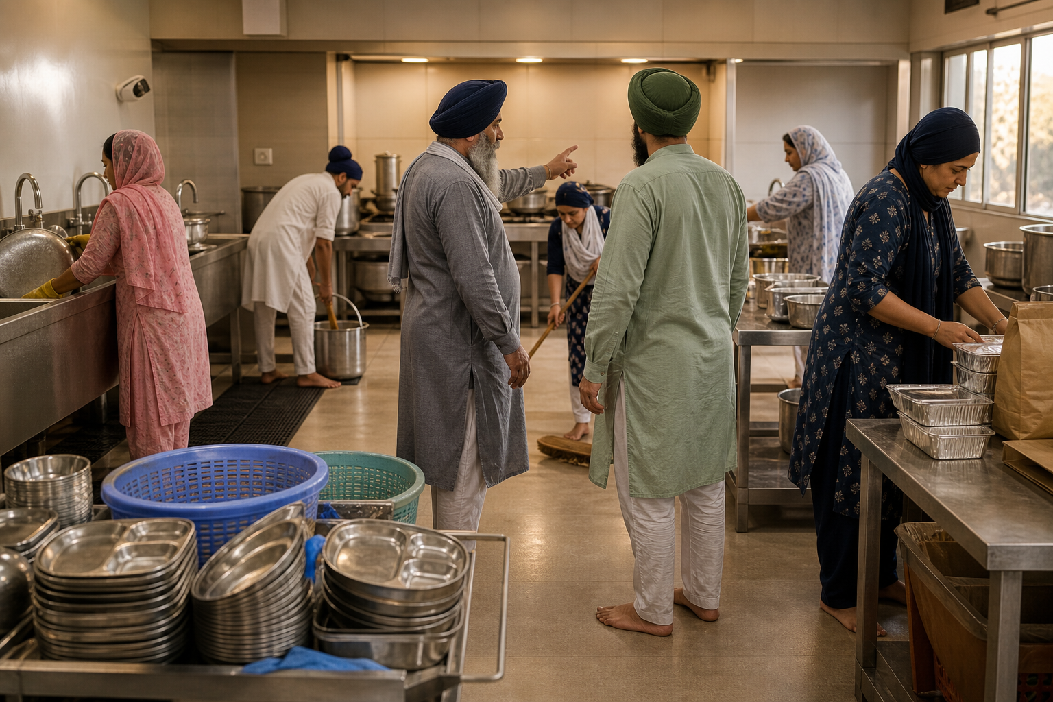 Volunteers with covered heads wash pots, sort dishes, sweep, and pack meals together in a gurdwara community kitchen while one volunteer listens to a coordinator.
