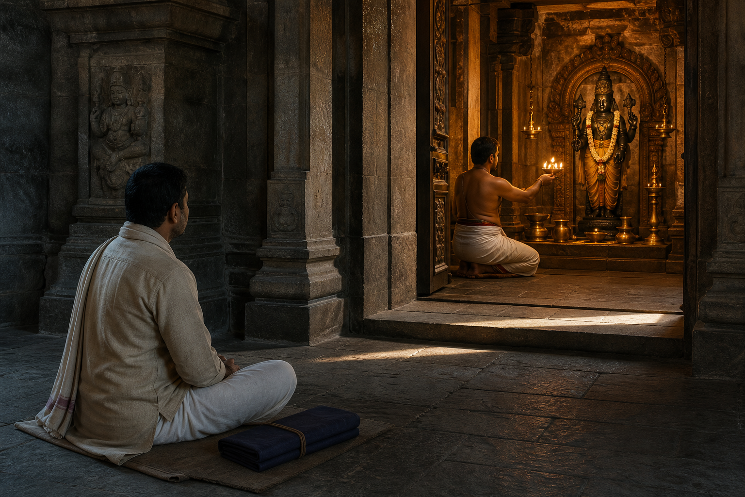 A learner observes from outside a temple threshold while a priest performs a lamp offering before a Vishnu shrine inside.