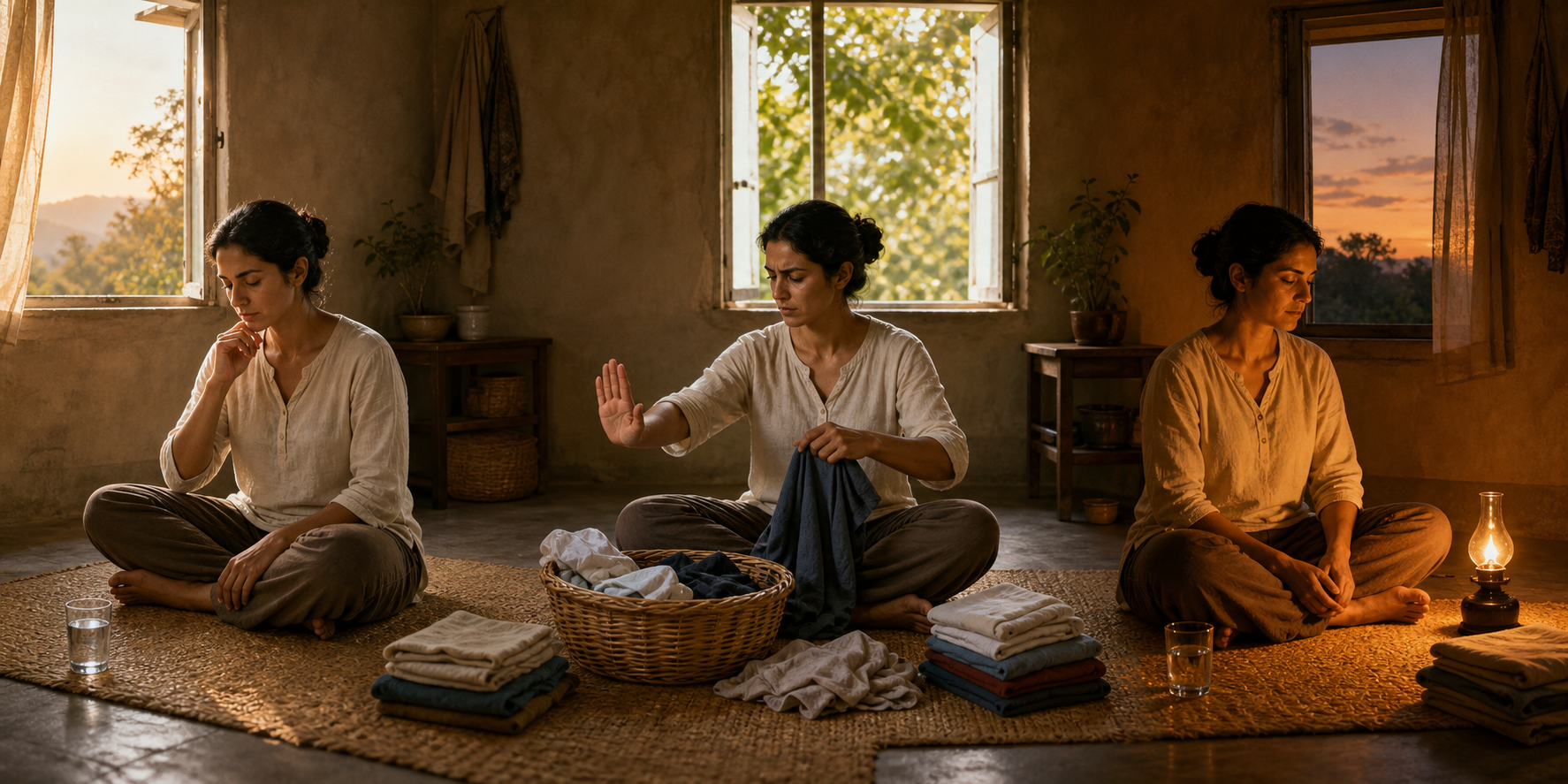 The same person practices quiet reflection at sunrise, mindful restraint during a household task at midday, and evening contemplation beside a lamp.