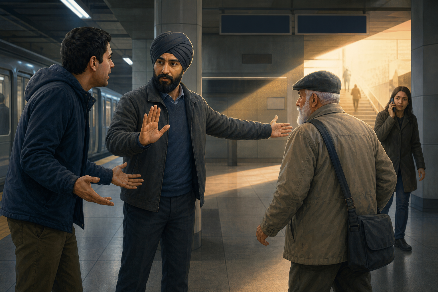 A Sikh bystander in a charcoal dastaar raises an open hand while standing beside an older passenger during a tense confrontation in a transit station.