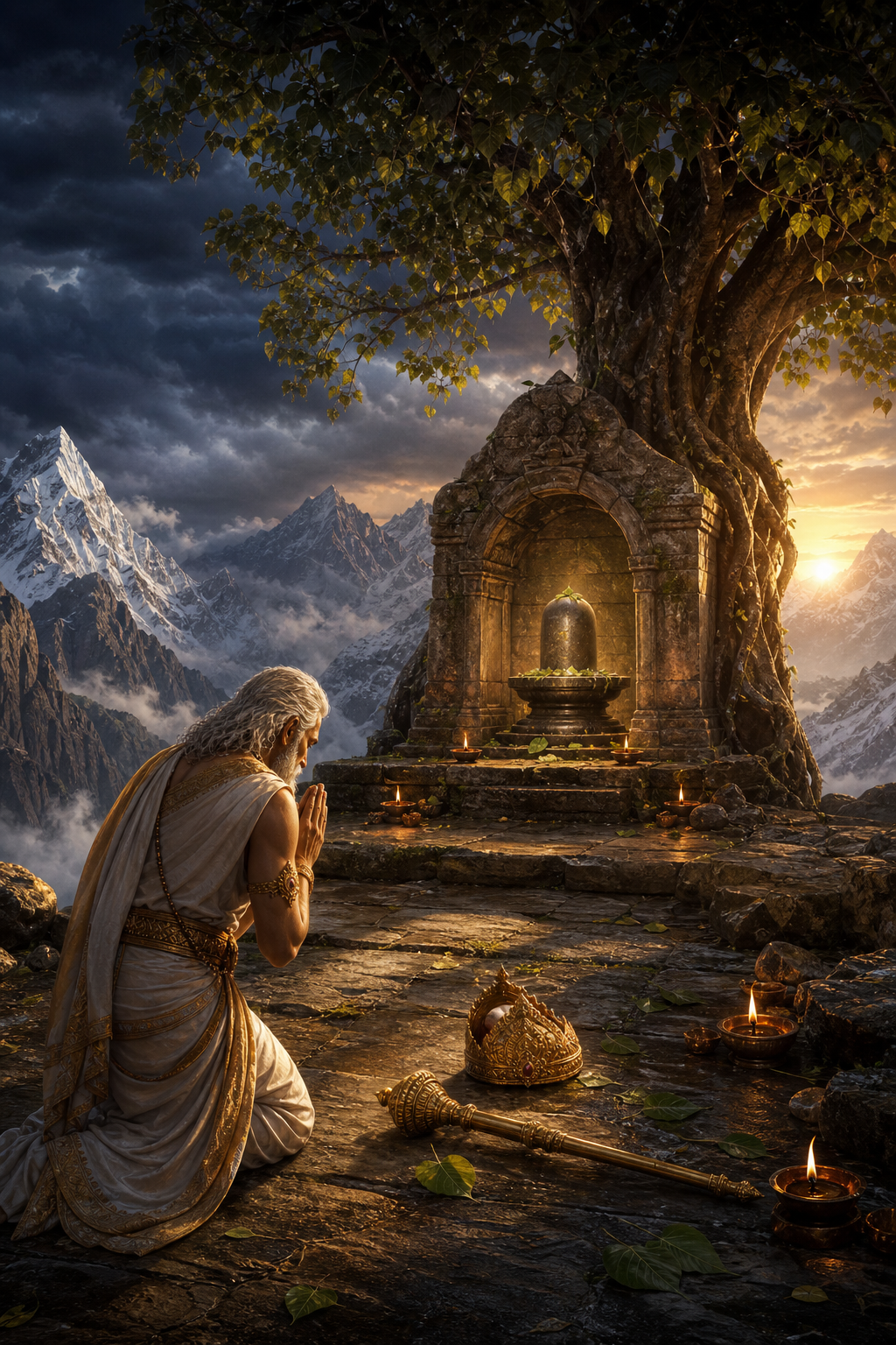 Brihaspati bows before a luminous Shiva linga at a Himalayan shrine, with his crown and ceremonial staff placed on the ground at dawn.