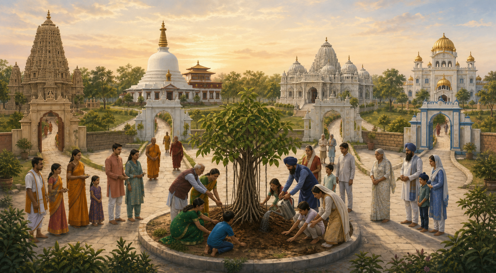 Families from four distinct places of worship meet in a sunlit courtyard to plant a banyan sapling together.