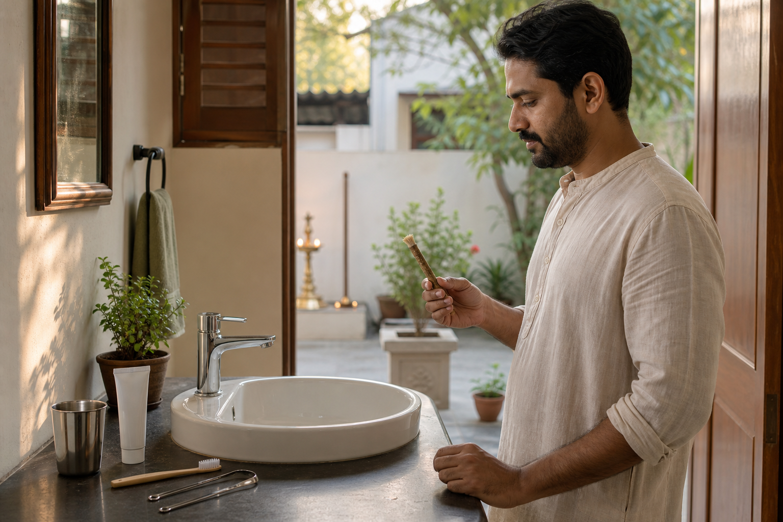 A South Asian adult holds a prepared chewing twig beside a basin with a toothbrush, toothpaste, tongue cleaner, and rinsing cup at dawn.