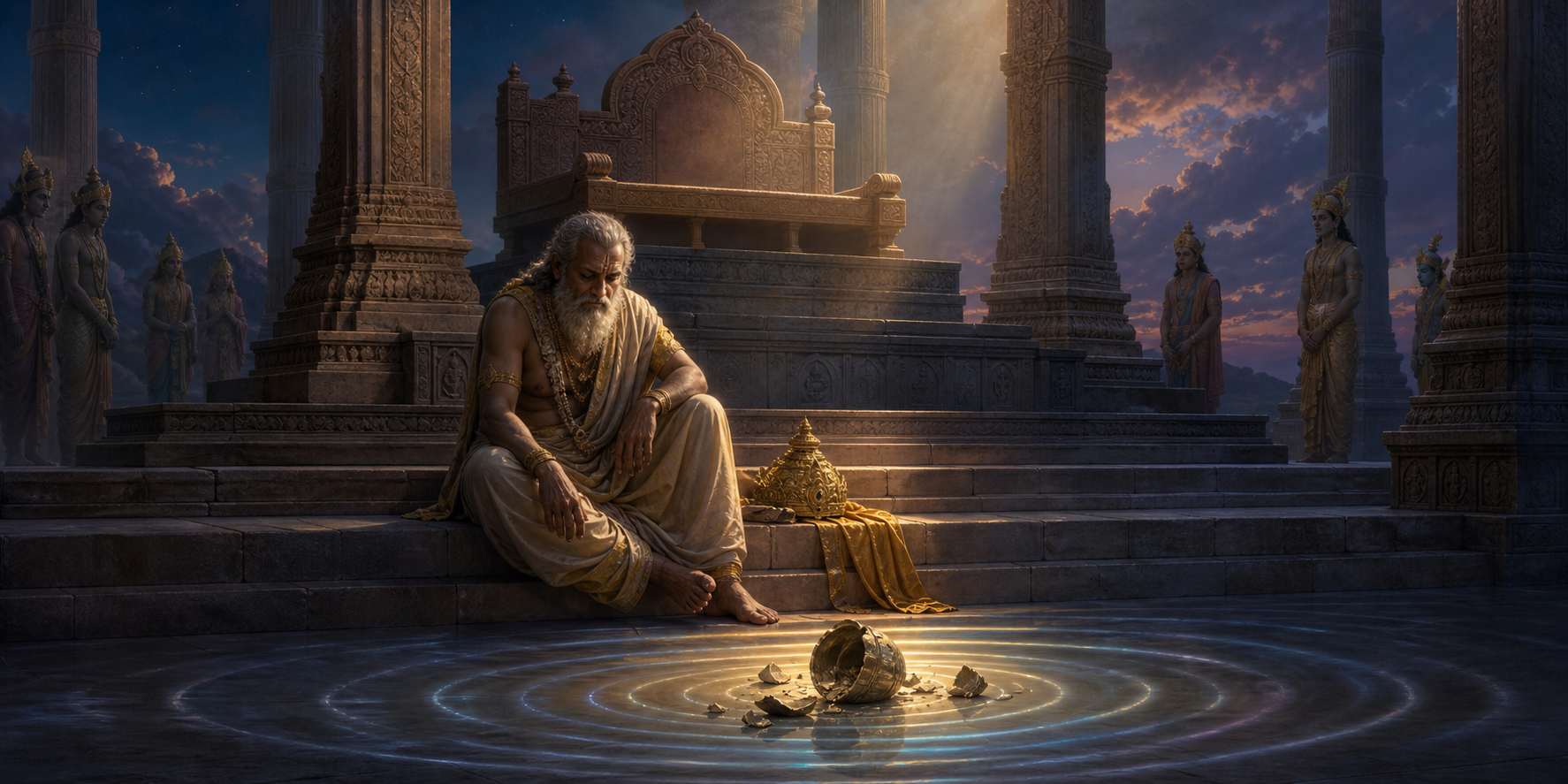 Brihaspati sits below an empty celestial seat with his crown beside him as rings of light spread from a broken vessel at his feet.