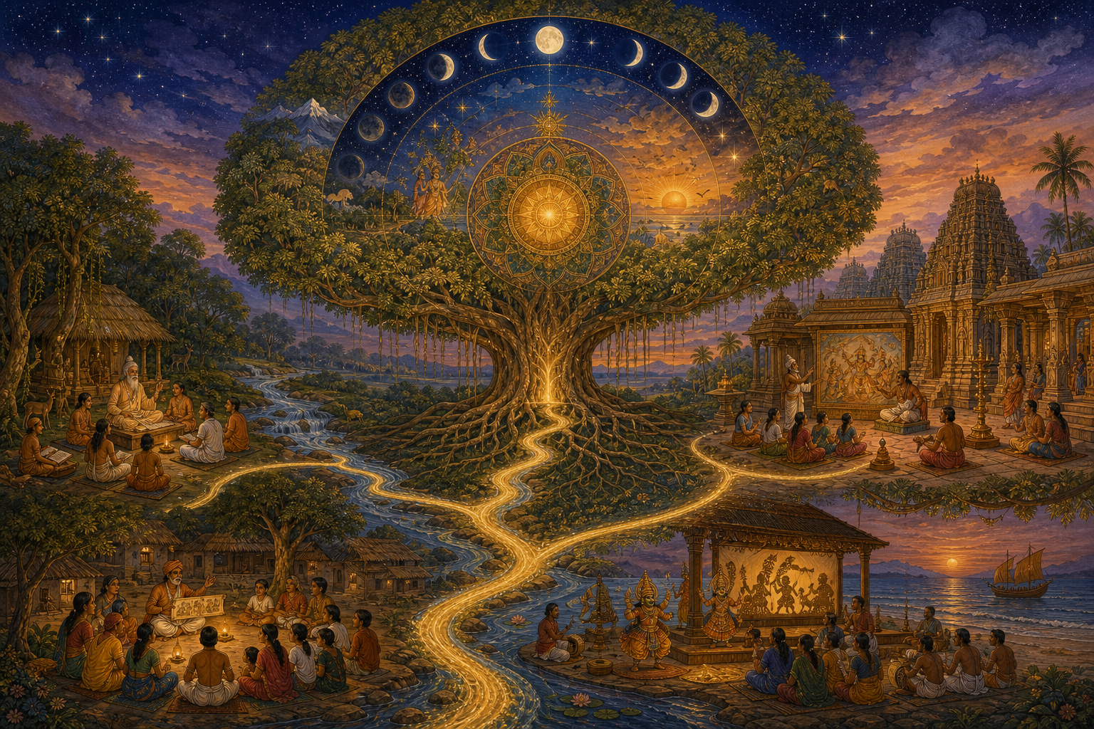 A luminous banyan tree beneath a circular night sky connects rivers leading to a hermitage, temple courtyard, storytelling circle, and performance pavilion.