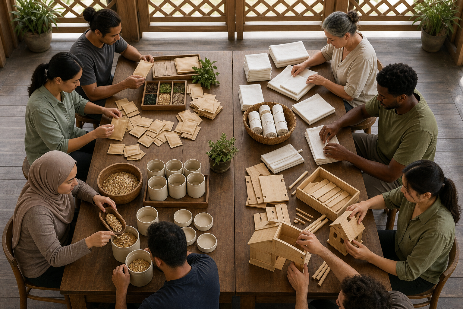 Four groups at a pavilion table prepare seeds, bandages, food containers, and shelter kits for a shared service project.