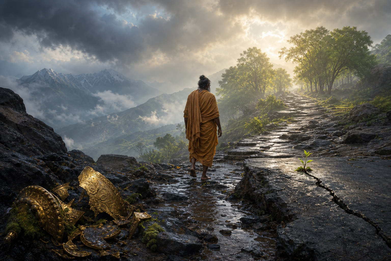 A humbled sage walks from a storm-darkened rocky path toward a sunlit grove as a green shoot grows through cracked stone.