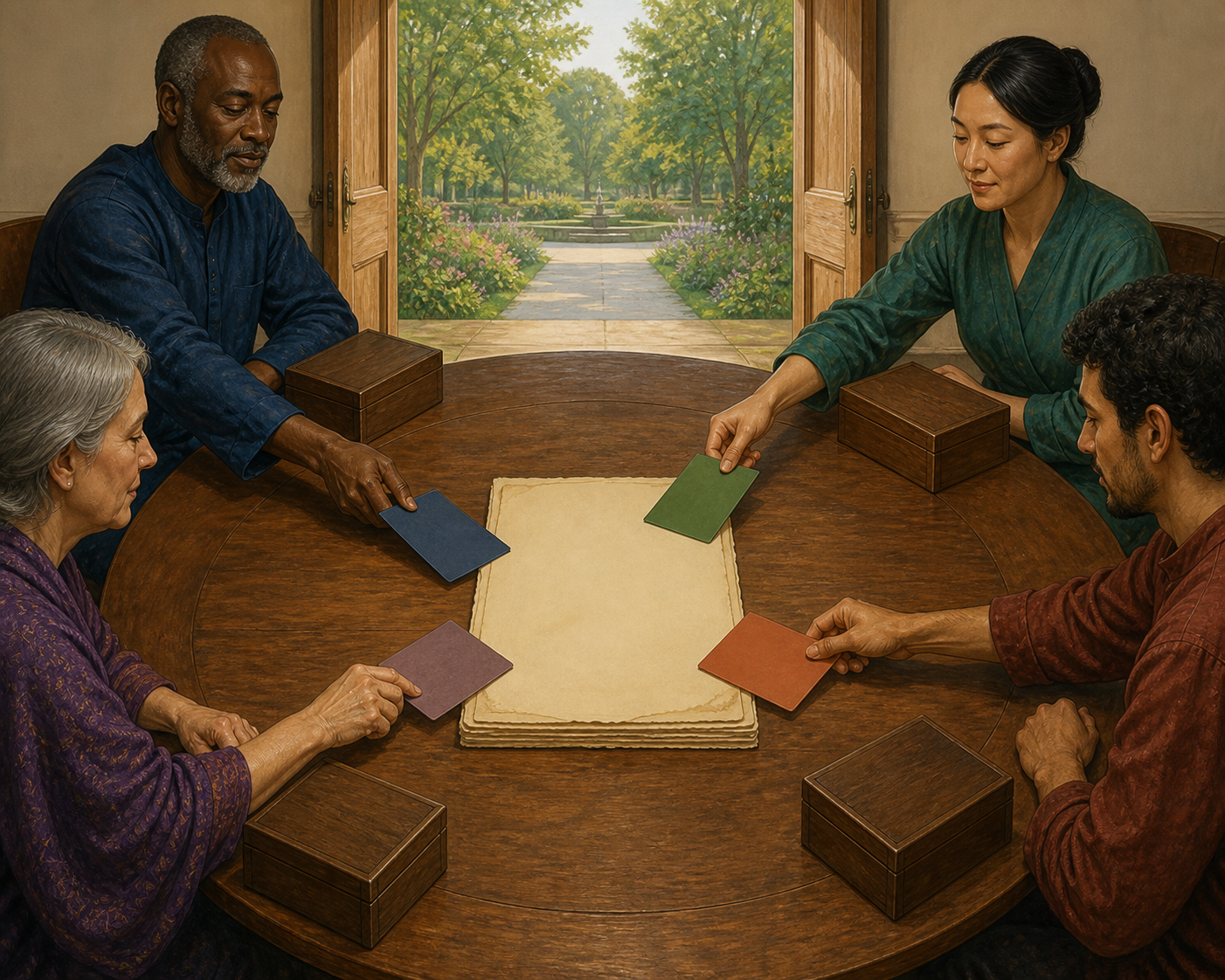 Four people place blank coloured cards around a shared stack of parchment while separate document boxes remain behind them.