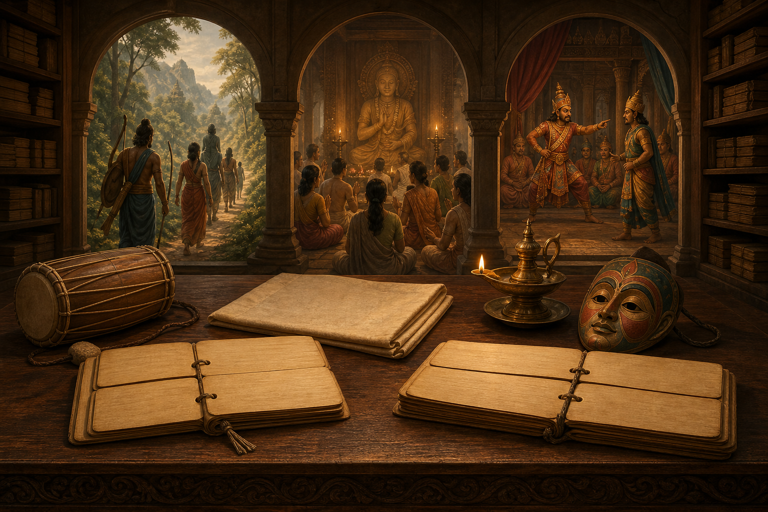 Palm-leaf manuscripts, a drum, an oil lamp, a theatrical mask, and three different storytelling scenes are arranged in a quiet library.