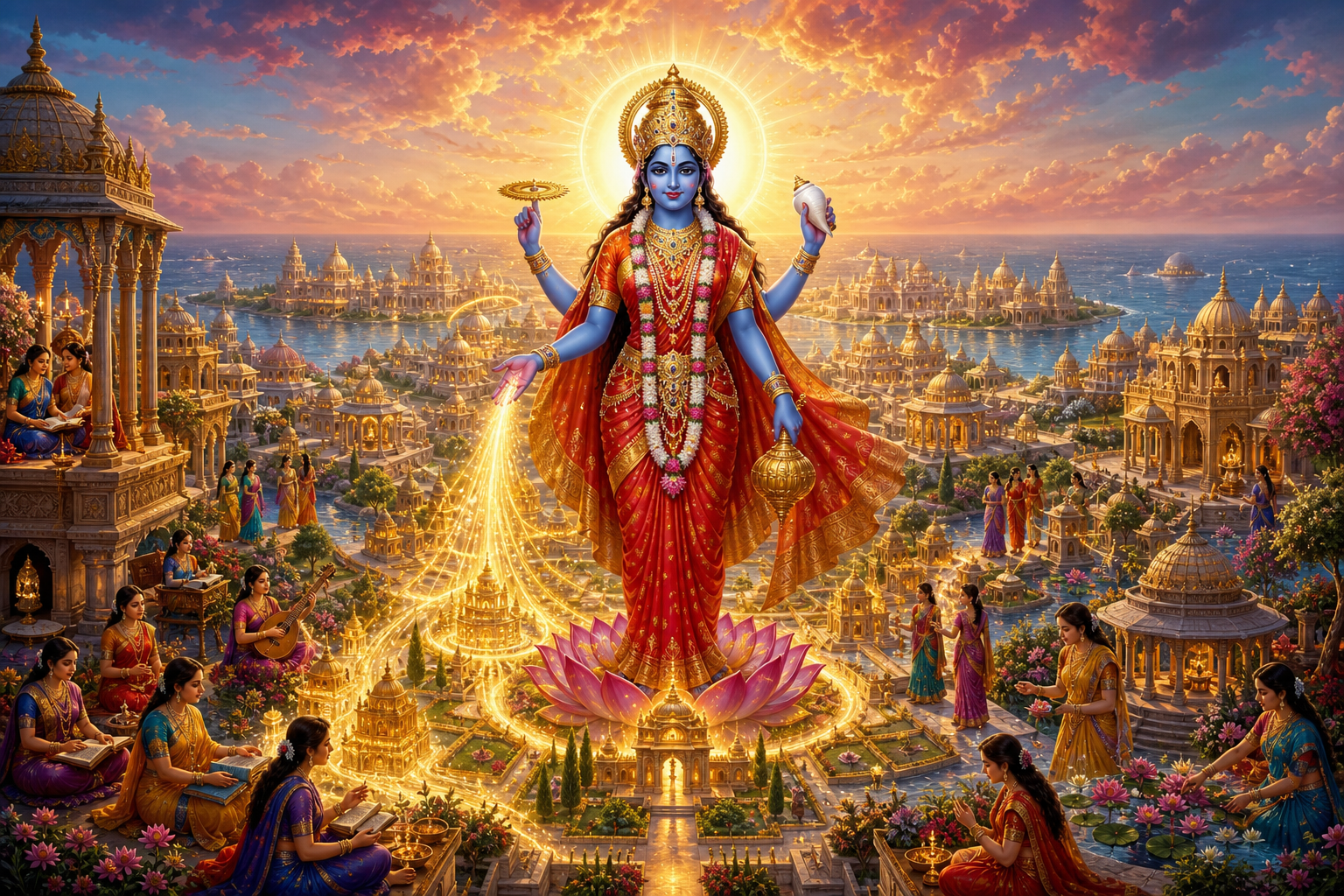 Goddess Vaishnavi stands at the center of a luminous sacred city where groups of women gather in courtyards, gardens, halls, and shrines.