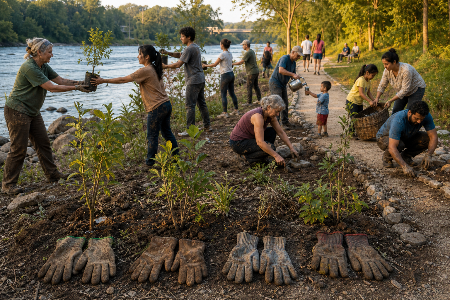 Volunteers plant native trees, repair a riverside path, collect litter, and serve water in a restored public park.