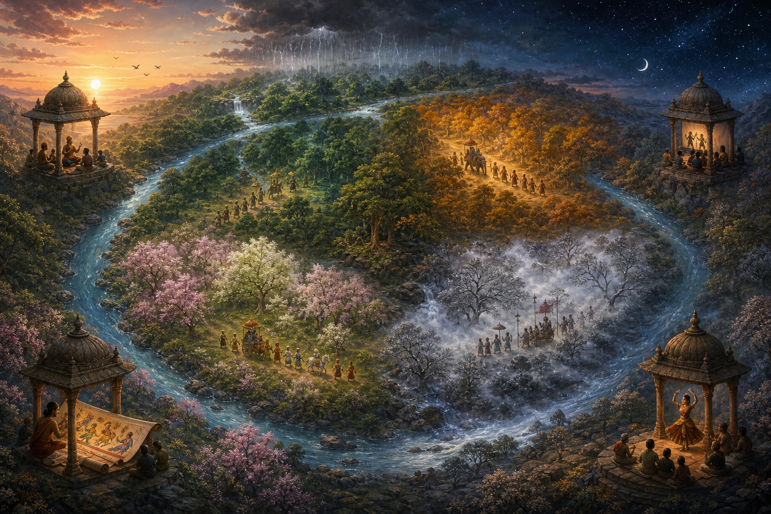 A circular river passes through four seasons while separate storytellers observe recurring forest processions from different pavilions.