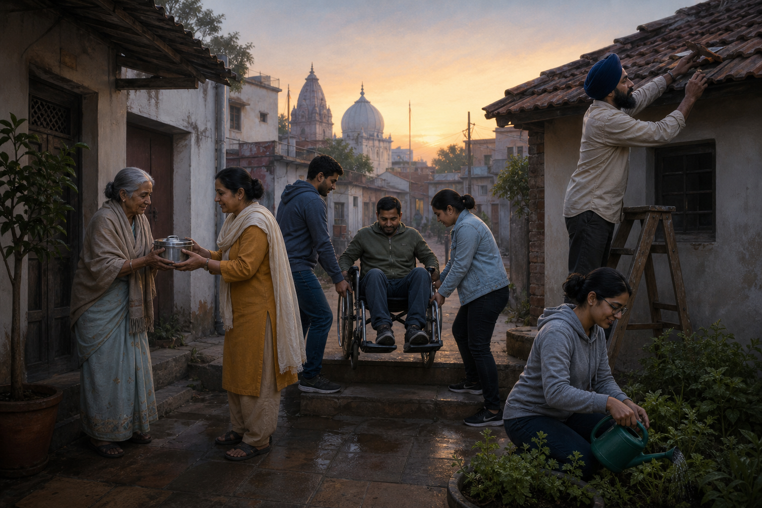 Neighbours share a meal, assist a wheelchair user, tend a garden, and repair a roof in a quiet courtyard at dawn.