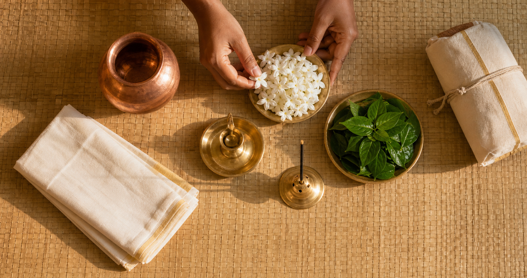 Hands arrange a simple set of selected puja items while unused ritual objects remain set aside.