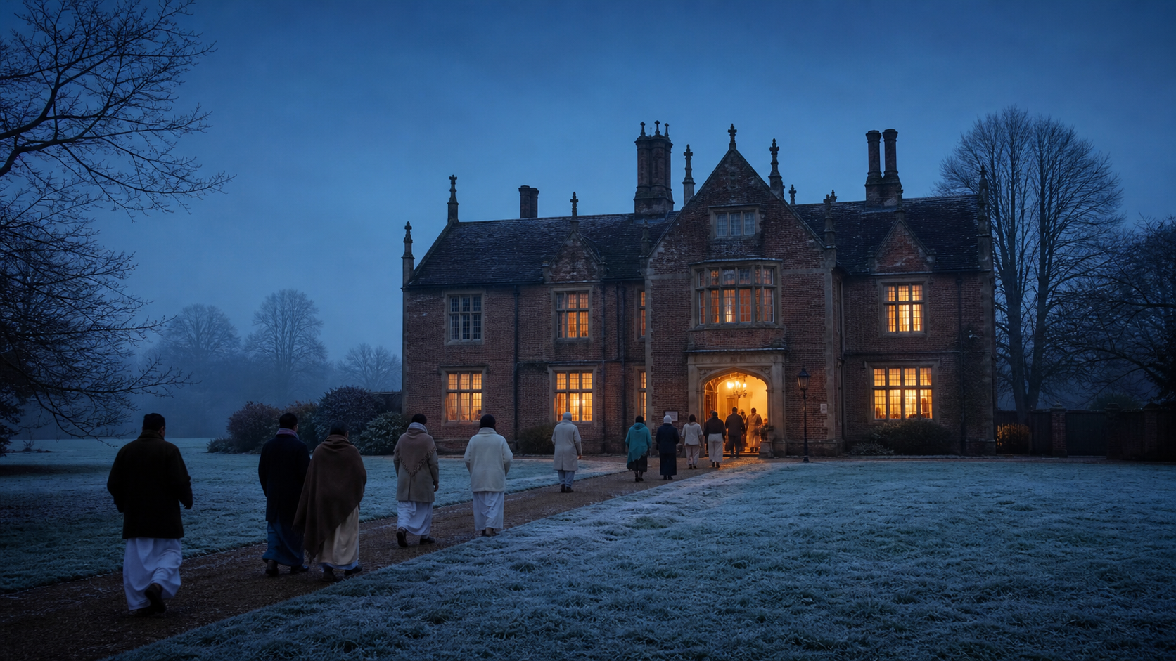 Visitors approach a warmly lit historic English manor temple across a frosty lawn before sunrise.