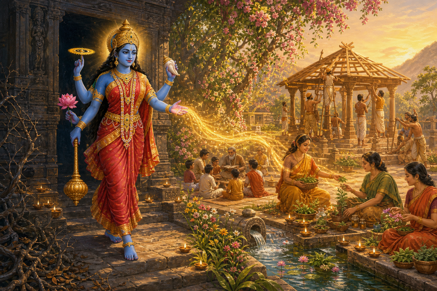Vaishnavi steps from a dark shrine into a bright courtyard as women build, teach, share food, tend plants, and gather around flowing water.