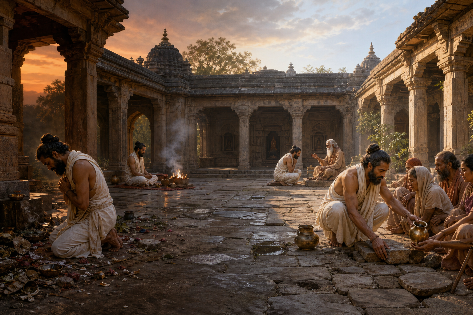 Four connected courtyard scenes show Brihaspati expressing remorse, practicing tapas, listening humbly to an ascetic, and repairing what was damaged.