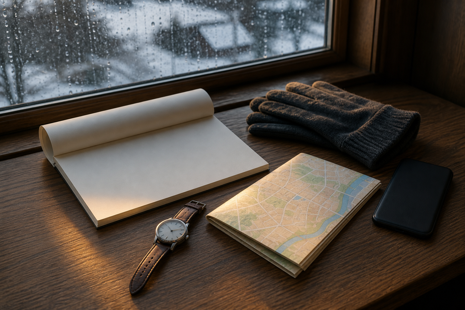 A blank turned calendar, watch, folded map, gloves, and face-down phone rest on a wooden table beside a winter window.