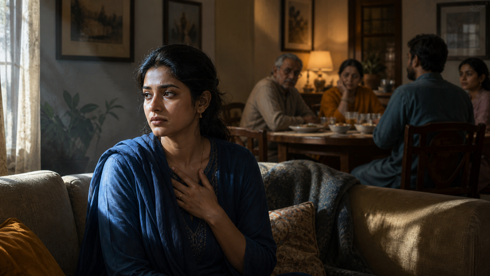 An adult sits apart in a family living room after a tense conversation while relatives remain gathered in the softly lit background.