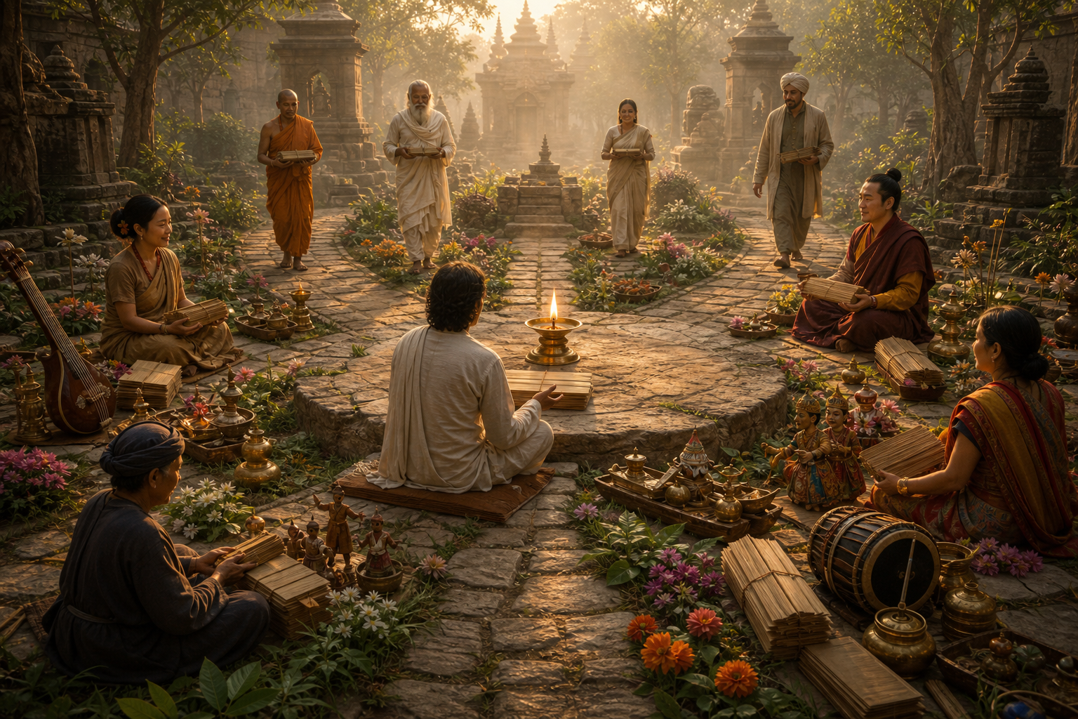 A reader sits before a glowing oil lamp in a temple-library courtyard as several paths with storytelling objects converge nearby.