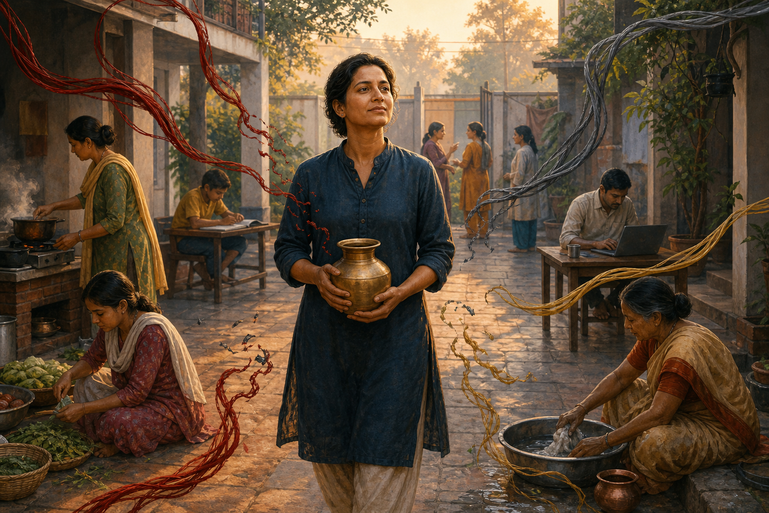 A calm person holds a brass water vessel in a busy household courtyard as loose colored threads fall away around them.