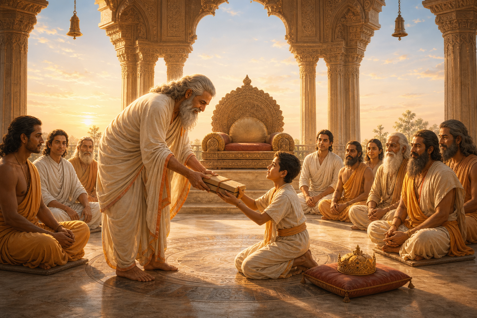 Brihaspati helps a young student rise in a celestial teaching hall while his crown rests on a low cushion behind him.